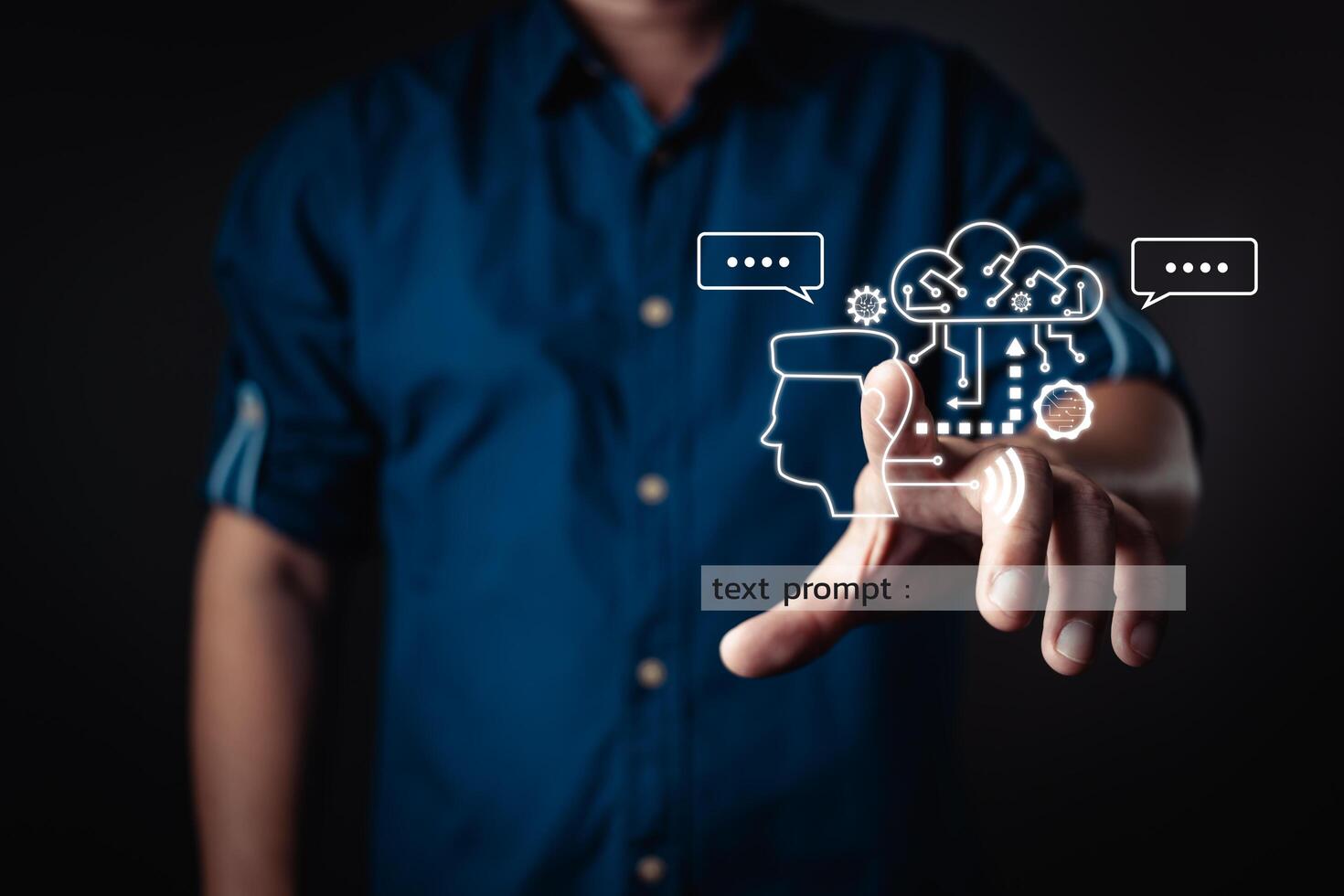 A man interacts with a glowing virtual interface displaying AI, chatbot, and neural network icons, symbolizing artificial intelligence, communication, and smart technology solutions in a dark setting. photo