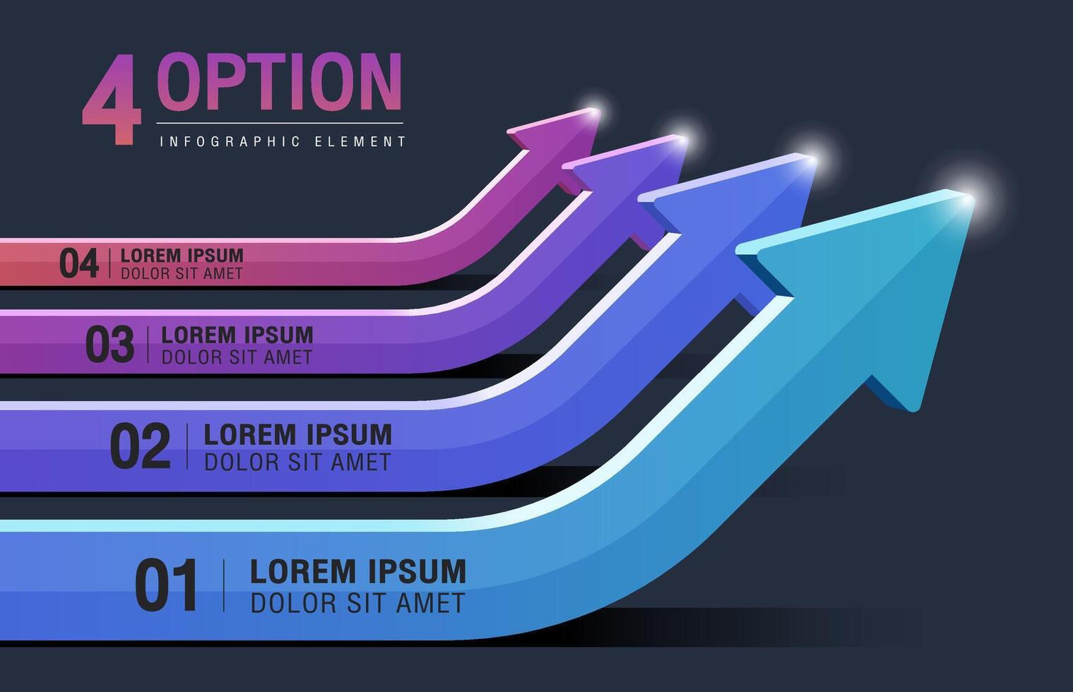 Colorful arrows curving upward, representing 4 options or steps in infographic element design. vector