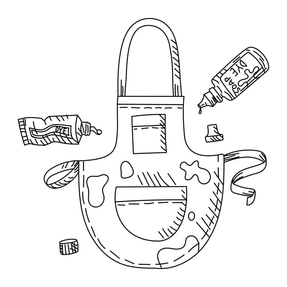 An apron covered in paint from a tube and a jar in the doodle style. Outline flat illustration, graphics. Creative work with dyes. For projects, workshops, product design, or educational purposes. vector