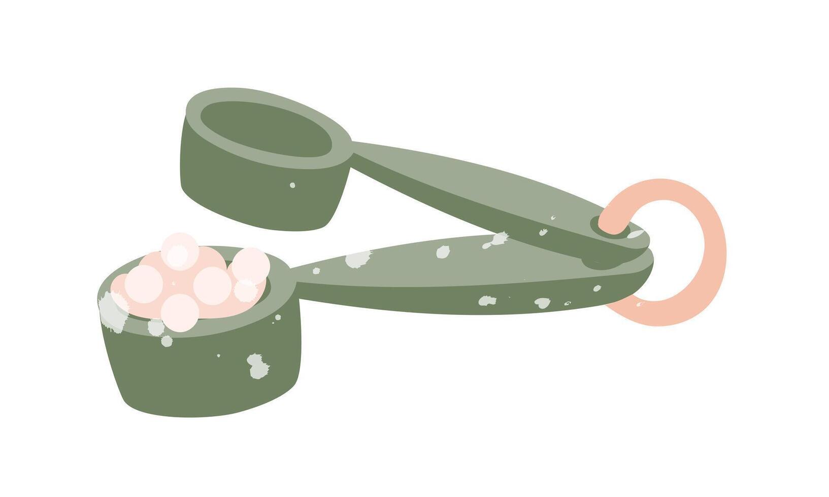 Measuring spoon with a handful of soap base granules. Spoons on a loop. Flat color illustration with paint splashes. Craft material. Soap making, cooking. Projects, workshops, design, education vector