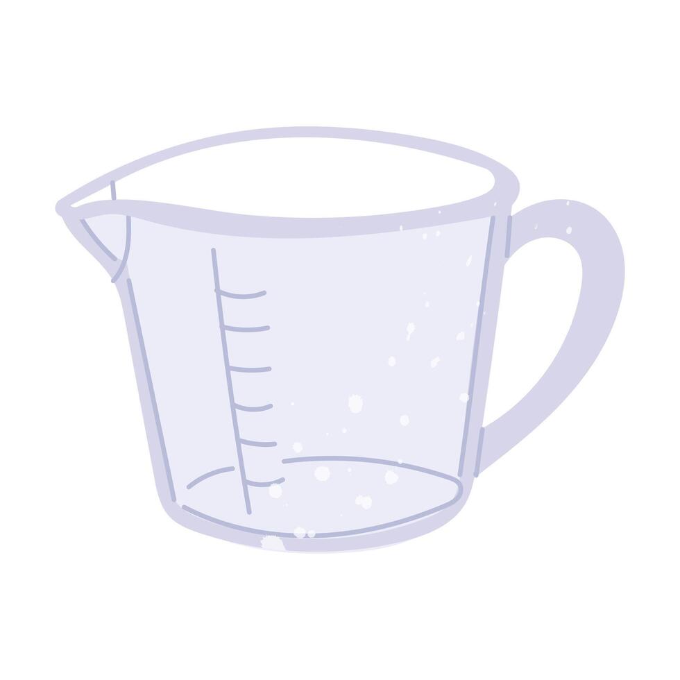 Measuring glass jug with handle, empty. Flat color illustration with paint splashes noise. Storage container. Craft material. Soap making, cooking. Projects, workshops, design, education vector