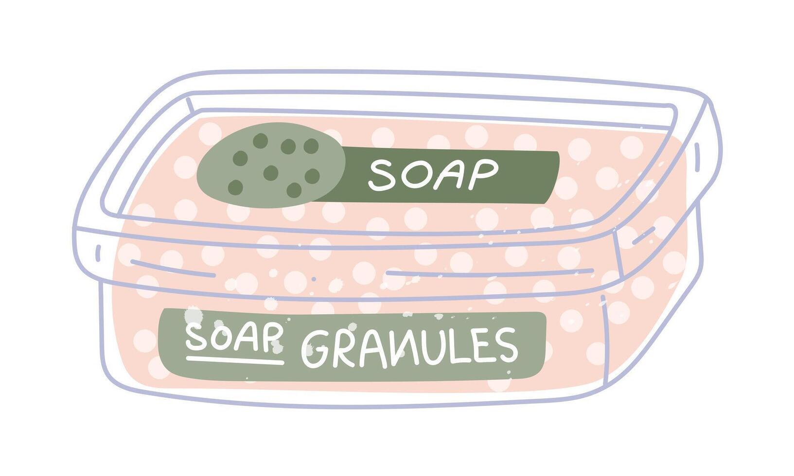 Rectangular box with labels. Soap base granules. Flat color illustration with paint splashes. Craft material. Soap making, handicrafts. Soap making basics. Projects, workshops, design, education vector