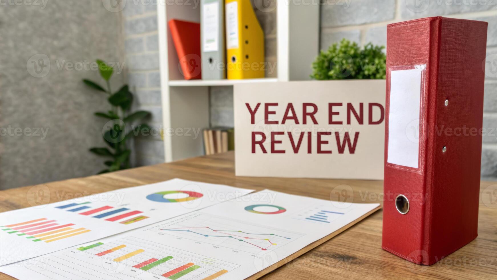 Year end review new financial report with colorful charts and red binder on office desk presenting summary and optimistic tone photo
