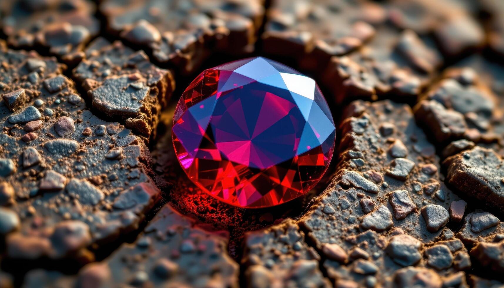 a ruby gemstone embedded in a cracked rock, reflecting deep crimson tones with sharp, intricate facets catching ambient light. photo