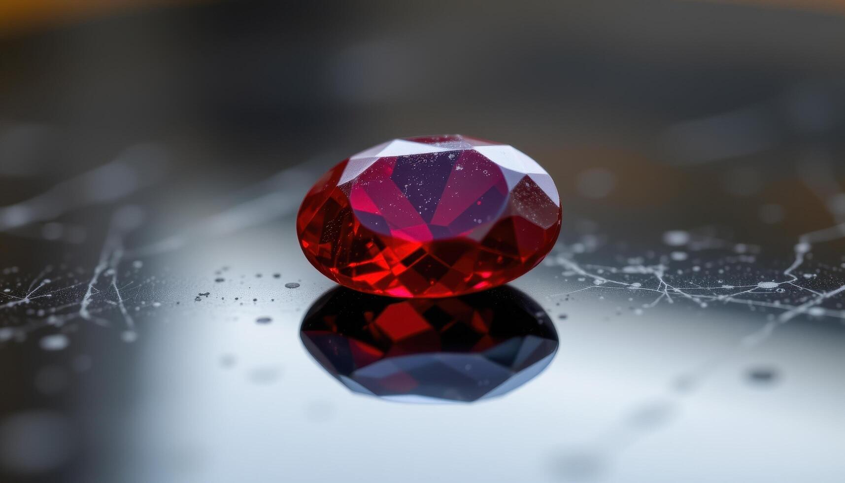a polished spinel gemstone resting on a reflective black surface, glowing vibrant red with subtle internal textures catching the light. photo
