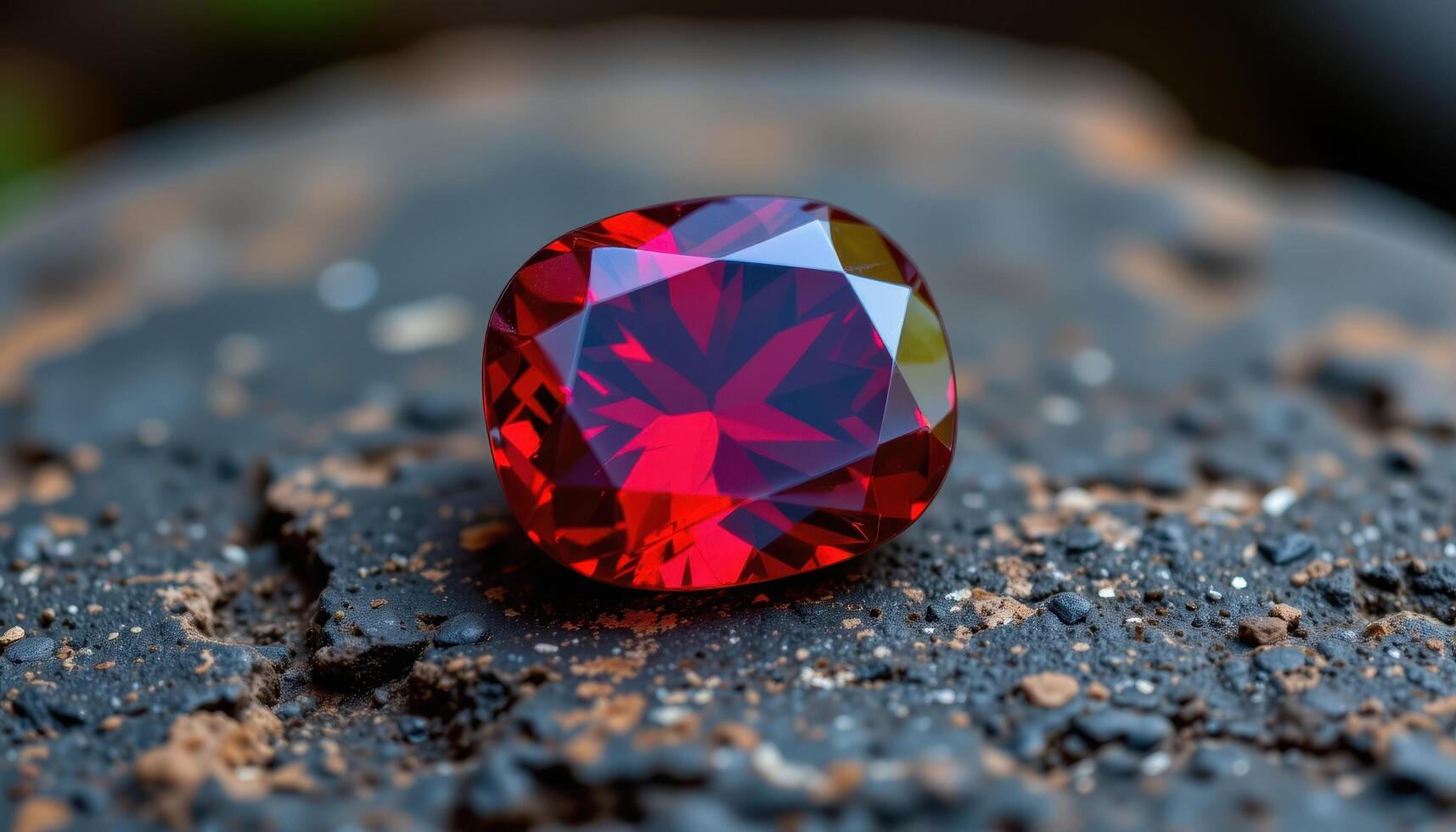 a faceted spinel gemstone on a dark stone platform, radiating bright red with intricate light reflections and subtle internal texture. photo