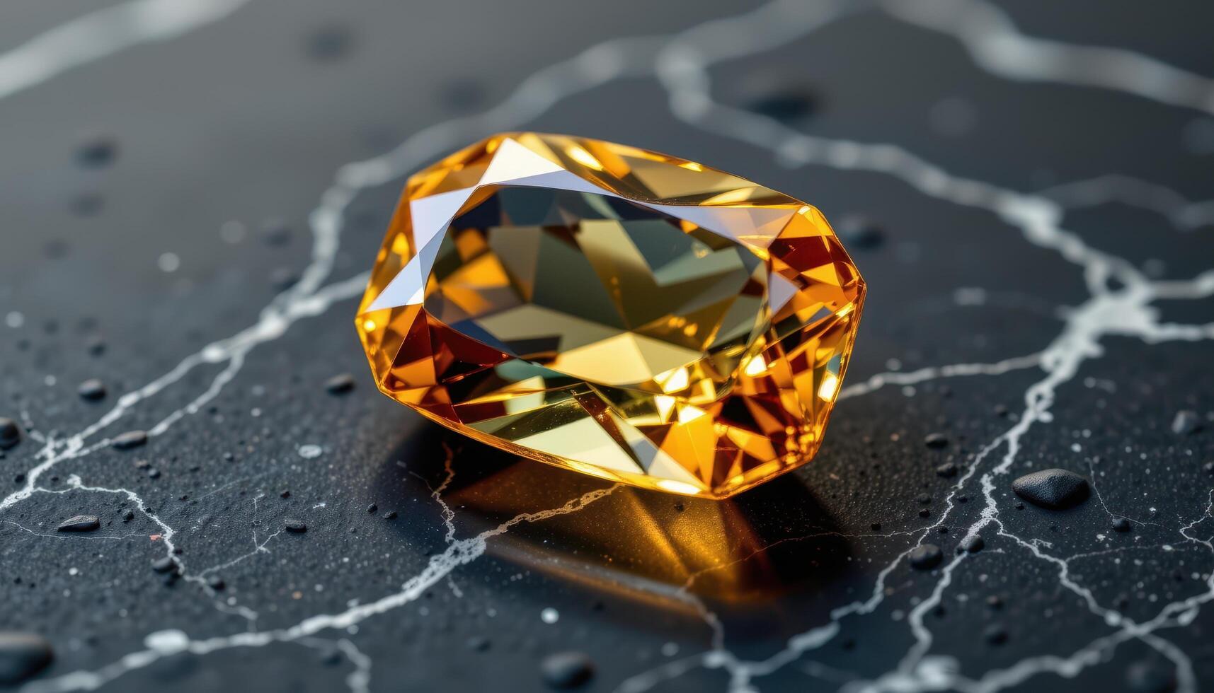 a faceted topaz gemstone on dark marble, glowing golden with sharp reflections and subtle internal crystalline patterns visible under light. photo