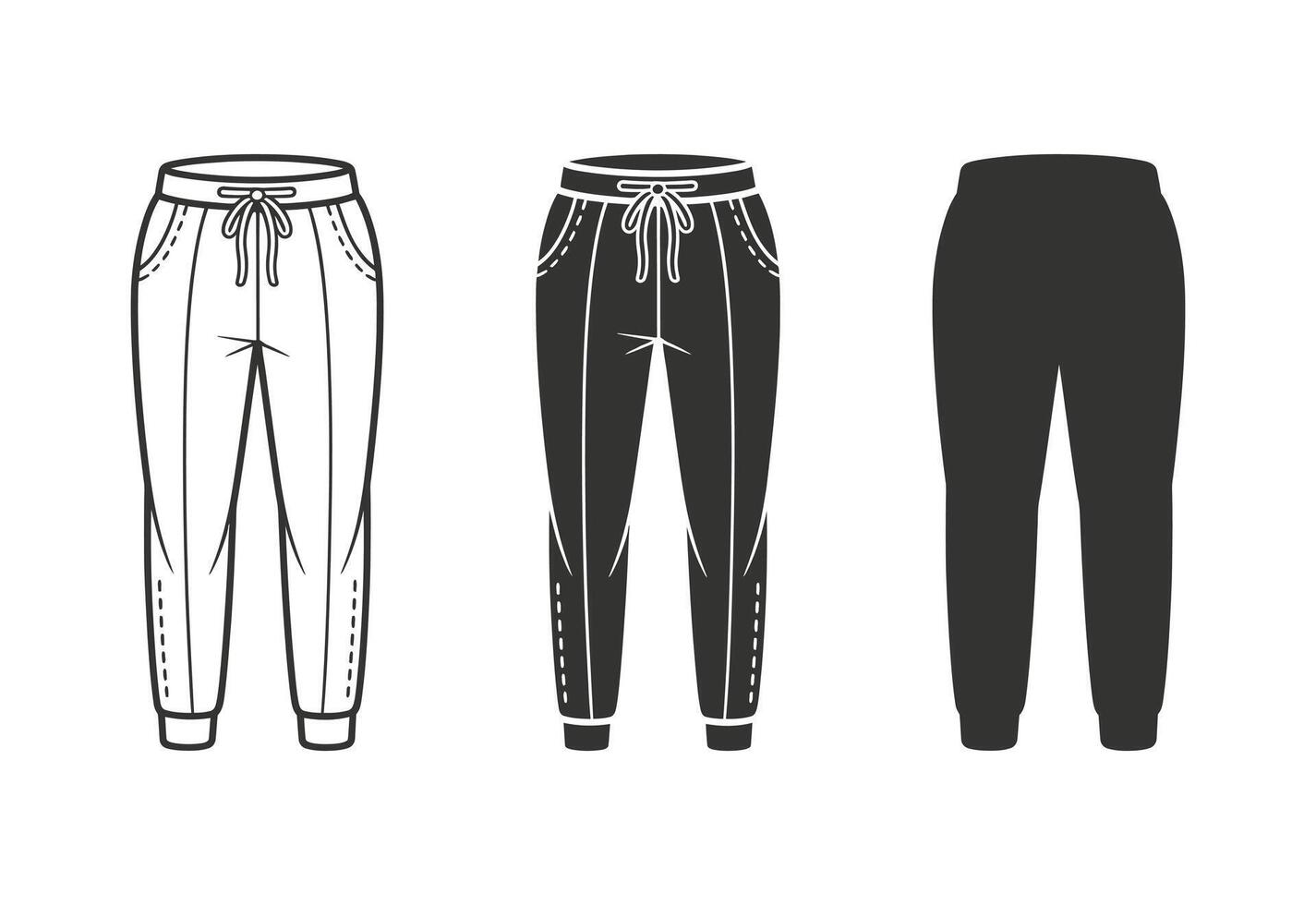 Three styles of jogger pants in different artistic renderings vector