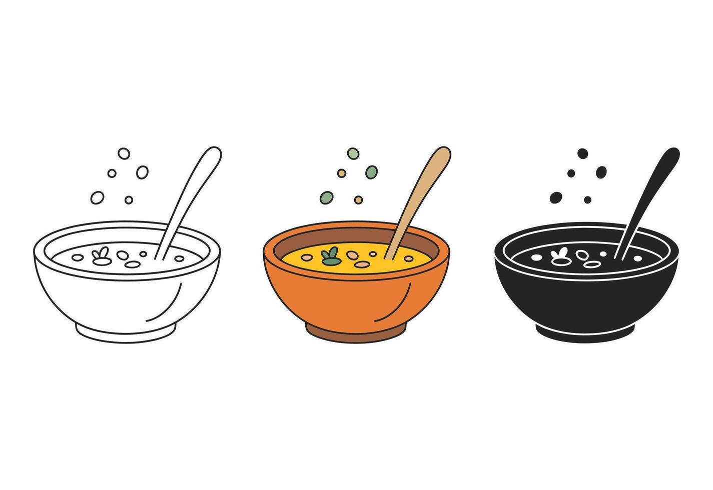 Three bowls of soup in different styles with spoons vector