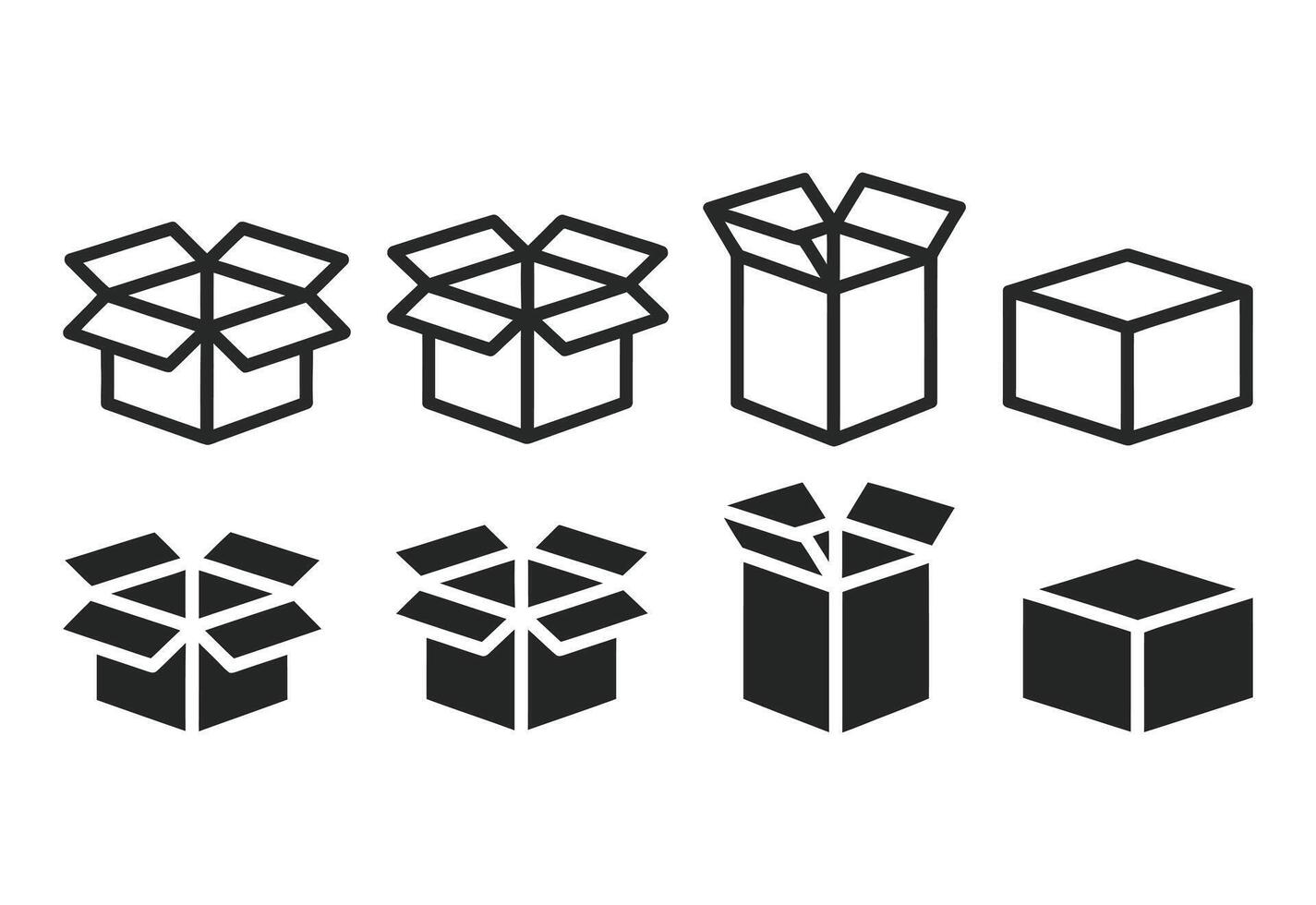 Set of open and closed cardboard box icons in outline and solid styles vector