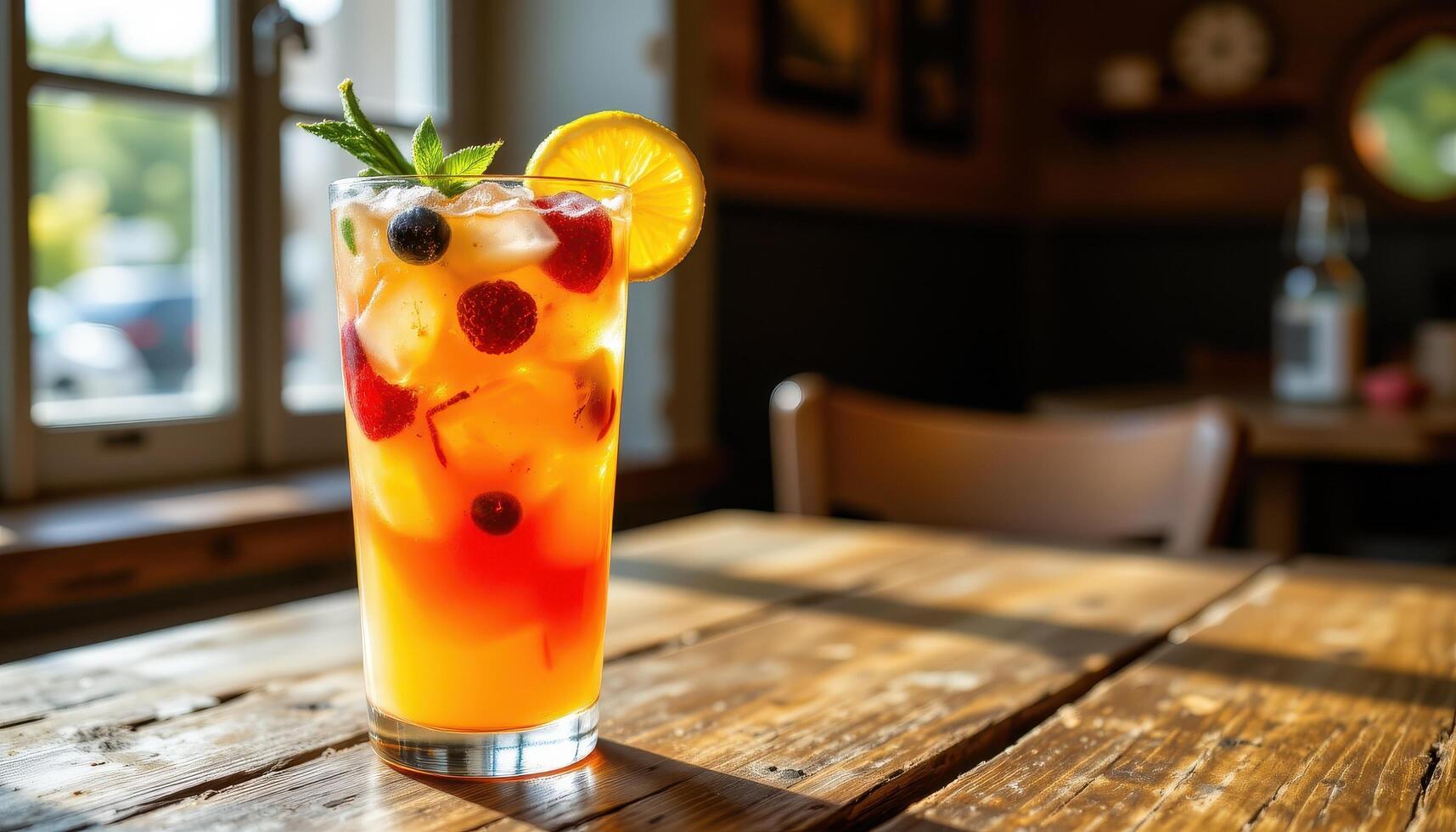 A chilled summer drink with layers of fruit juice and sparkling soda, resting on a rustic wooden table illuminated by warm daylight filtering through a window. photo