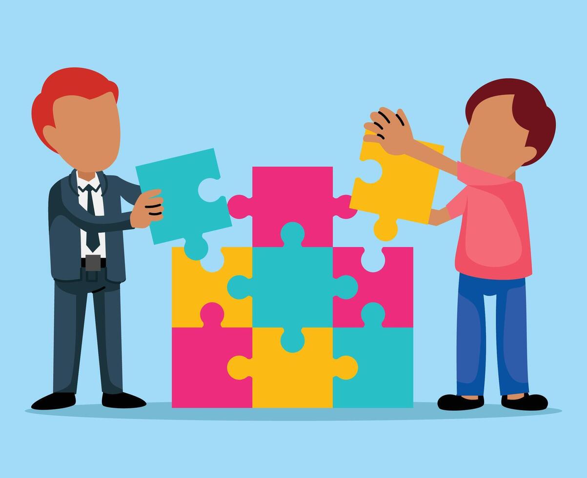 people working on puzzles. working concept. Teamwork concept for problem solving. Work team joining puzzle pieces vector