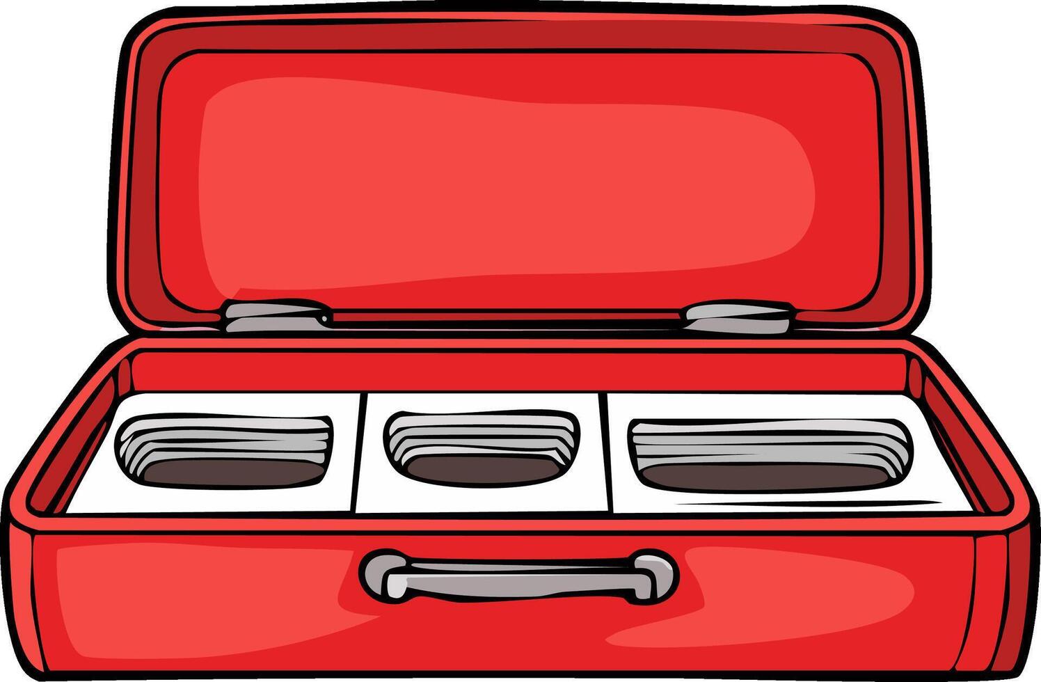 Bright red open case with three internal compartments and handle, illustration vector