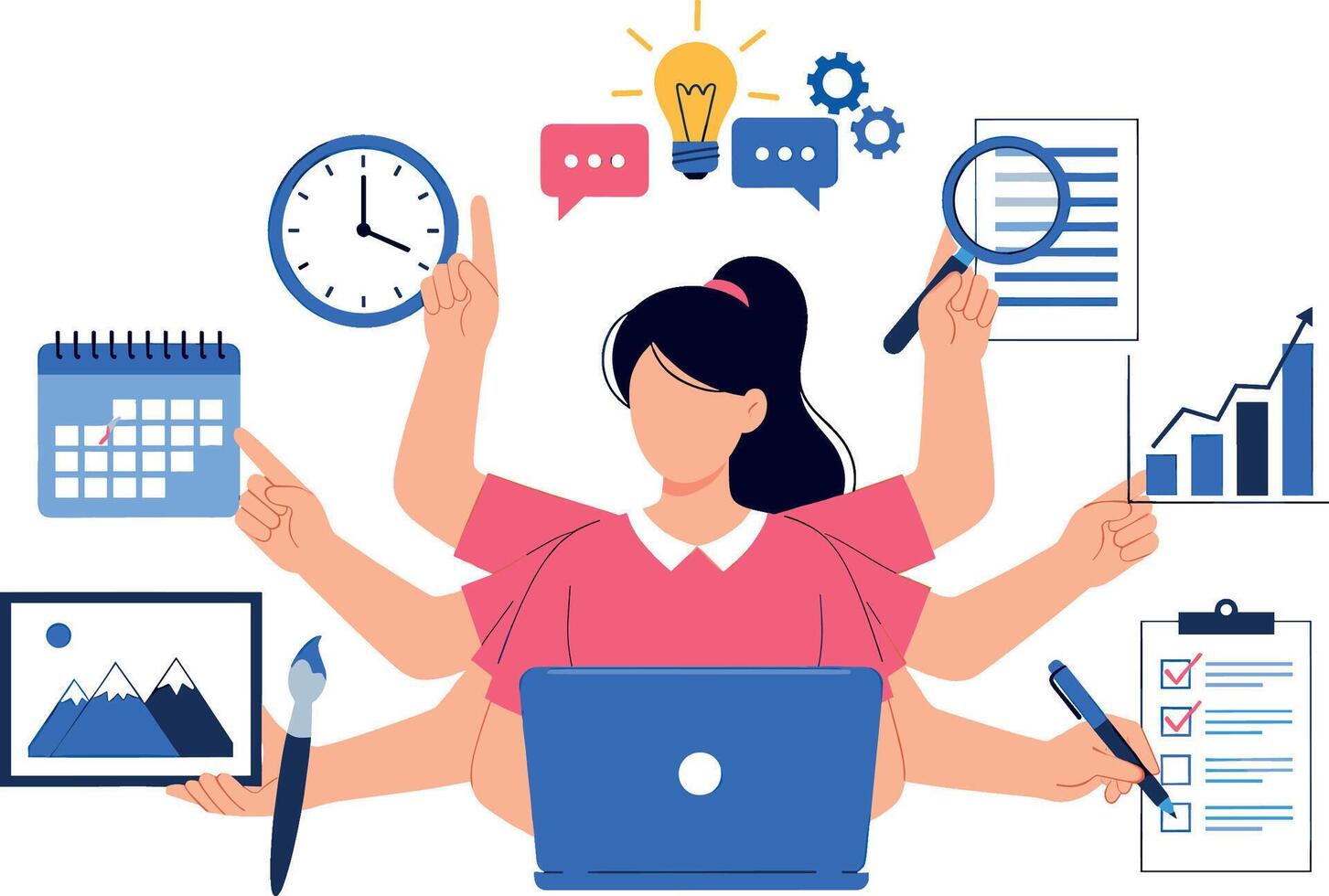 Multitasking woman with many hands working on different projects in a bright environment conveying efficiency and productivity in business vector
