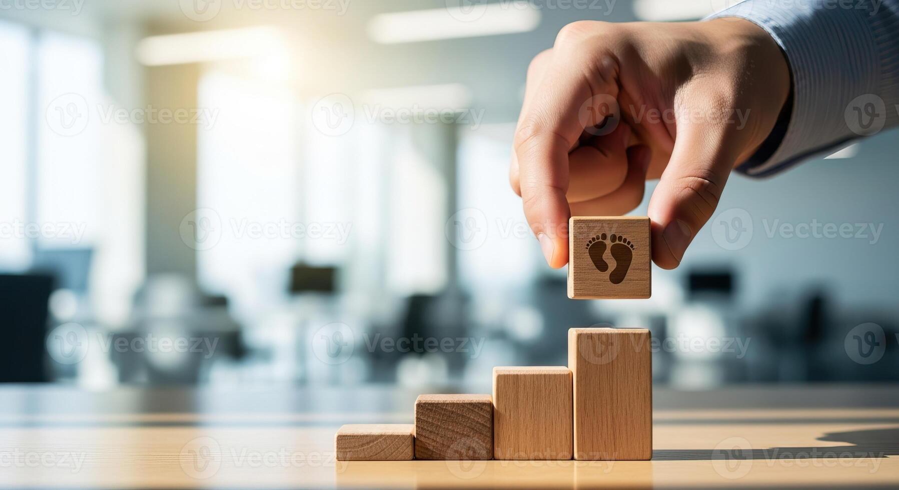A hand places a wooden block with footprints on a stack of wooden blocks, growth and progress in a modern office environment. photo