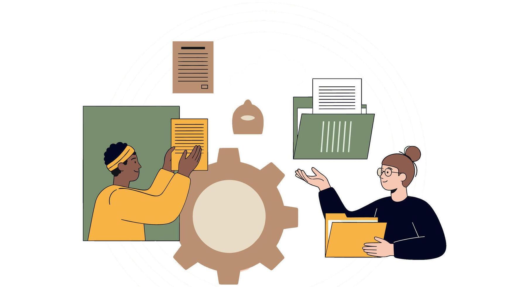 Diverse team members collaborating on document management in a modern office illustrating efficiency and teamwork with a minimalist design vector