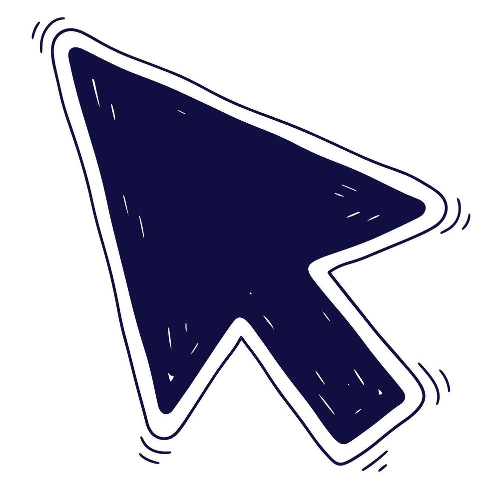 Hand-drawn navy blue cursor arrow pointing direction on white background isolated for use vector