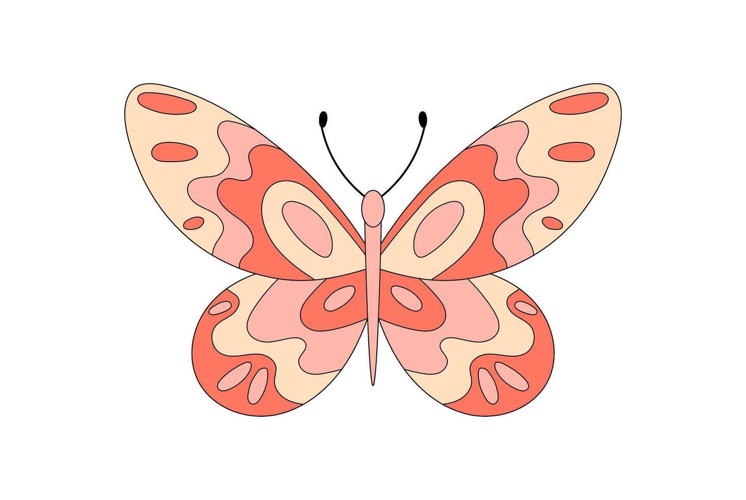 Groovy retro butterfly in pink pop cartoon graphic style and funky colorful shape. Cute groovy element blends abstract y2k look. Sticker format creates a bold, modern accent for creative projects. vector