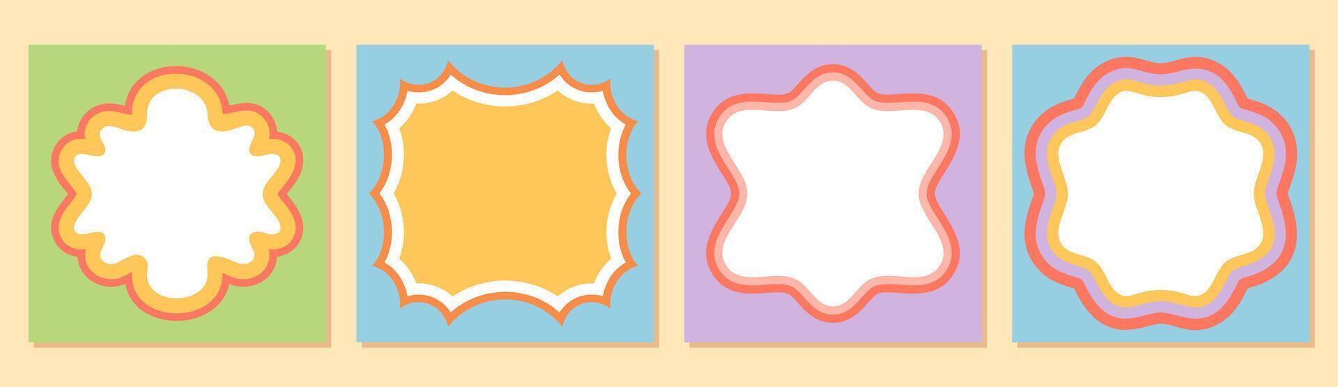Groovy retro rectangle frame set in colorful y2k style. Wavy shape border with bold outline design forms a modern background. Vibrant graphic for trendy and playful creative use. vector