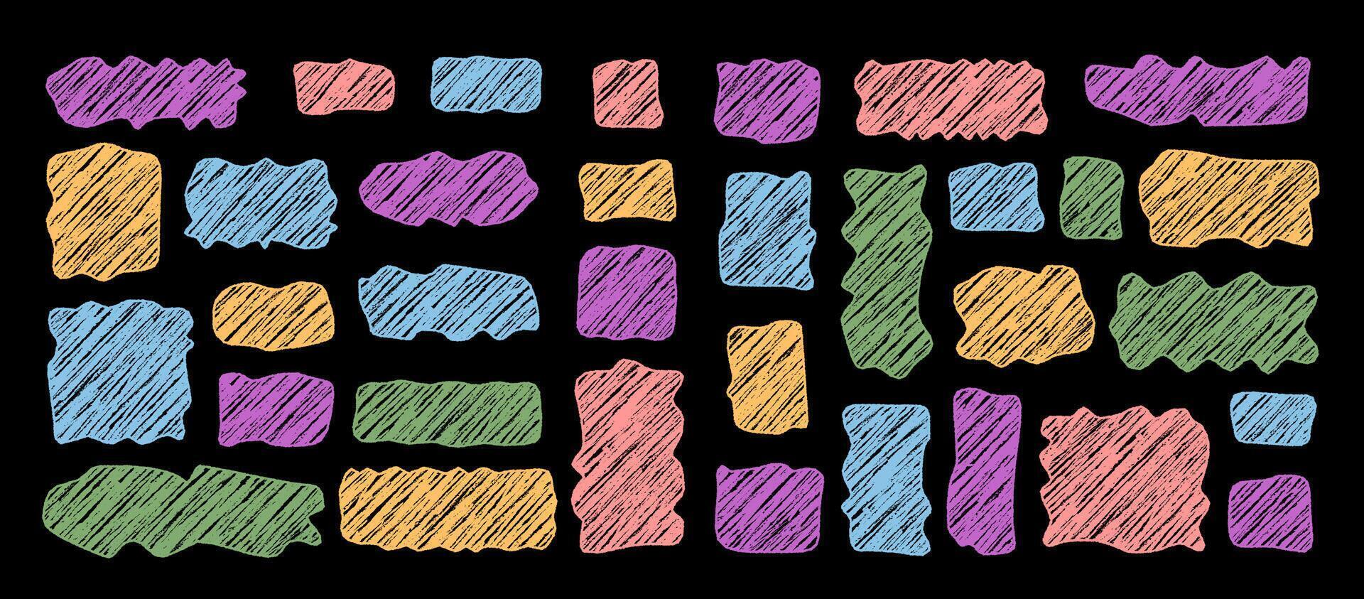 Colorful chalk scribble cloud and box frame set with organic rectangle and squiggle background. Collection of diagonal text shapes, abstract graphic border frame for template or pack. vector