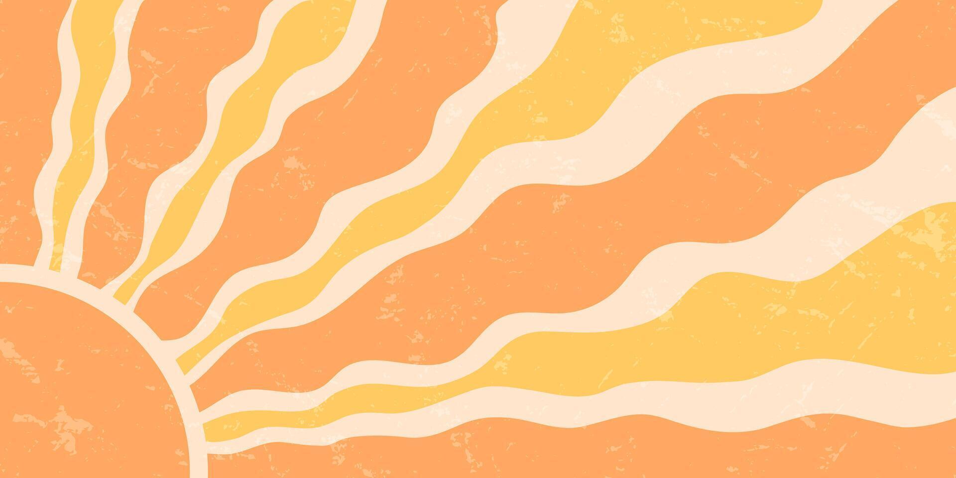 Retro groovy sun burst wave background in a horizontal format. Orange and yellow sun rays create a vintage sunshine effect with strong y2k grunge and bold, abstract graphic elements. vector