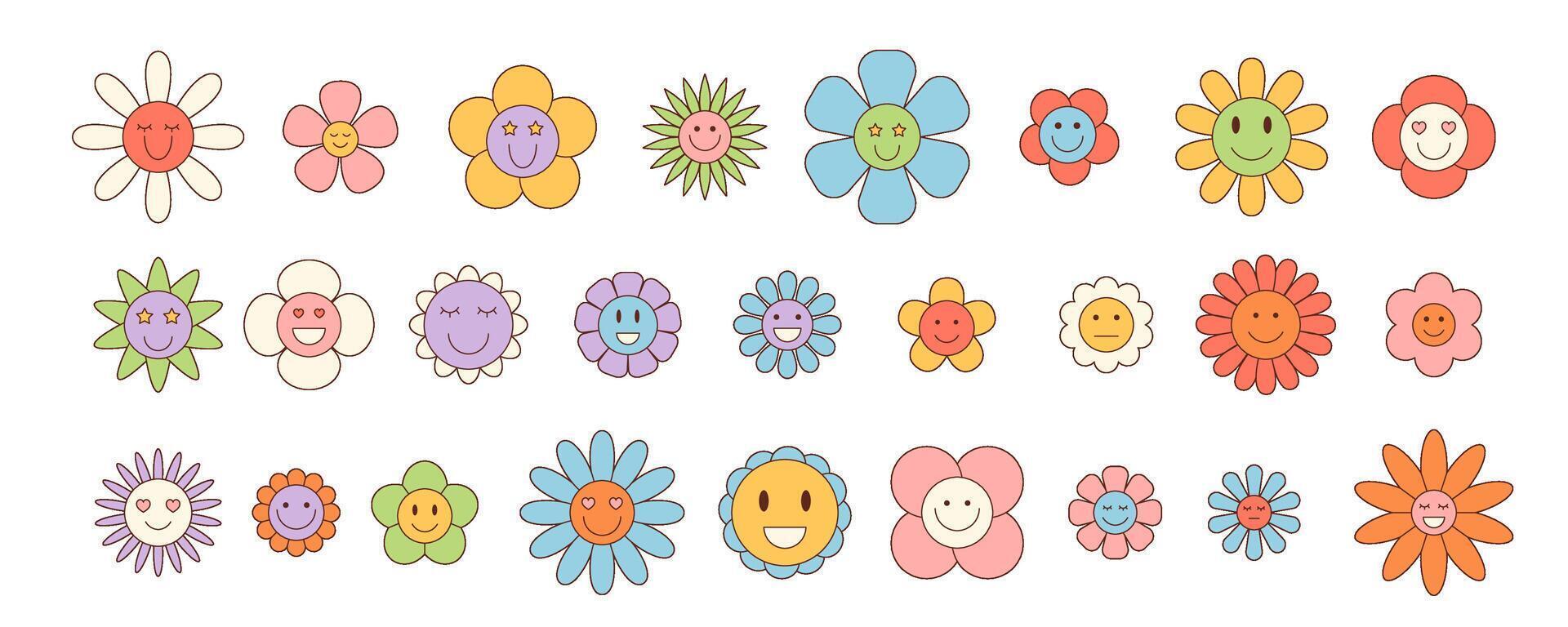 Groovy retro cartoon flower set with cute and happy smile faces. Colorful doodle daisy and floral elements show playful y2k groovy element style. Perfect for vibrant fun projects. vector