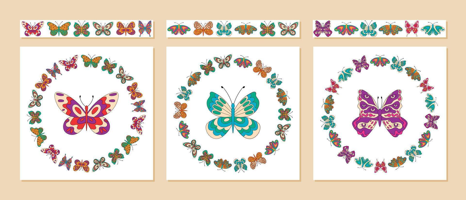 Groovy retro butterfly seamless border set with happy and colorful floral pattern. This frame collection blends y2k style, graphic elements and abstract shapes for vibrant border pattern projects. vector