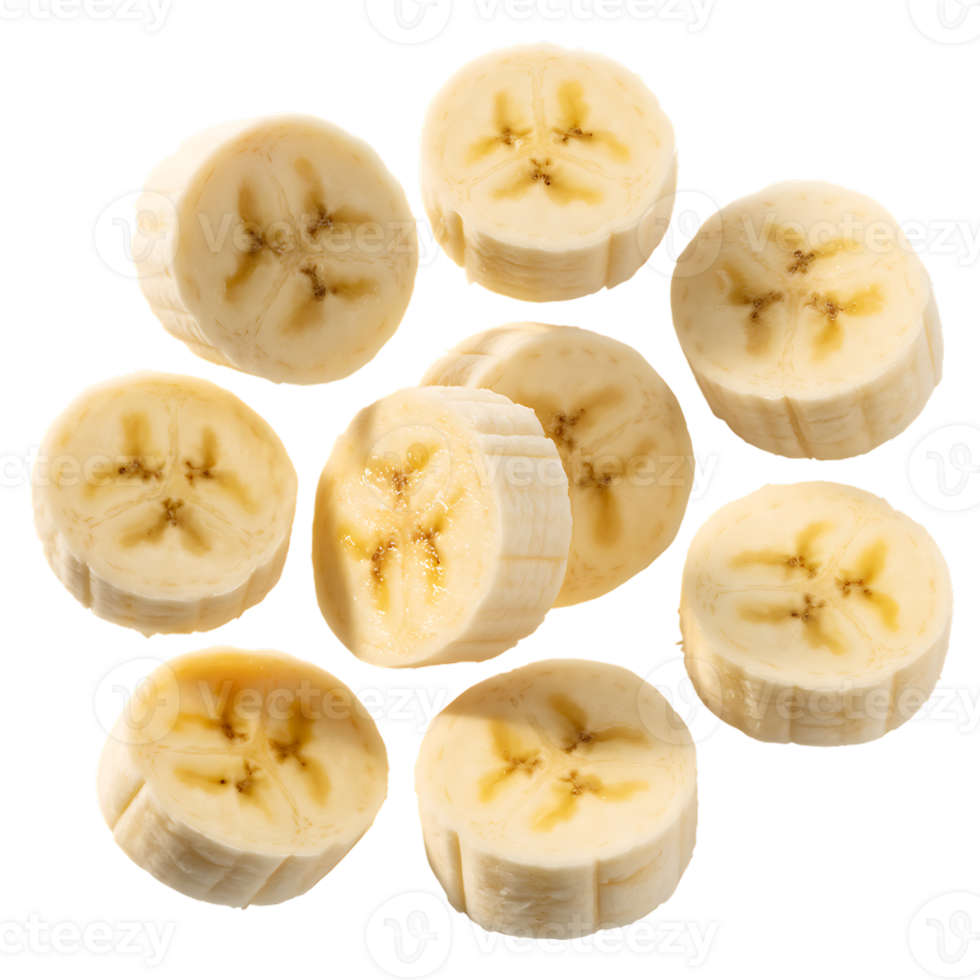 A high-resolution photograph of freshly sliced bananas, arranged in a circular pattern on a transparent background png
