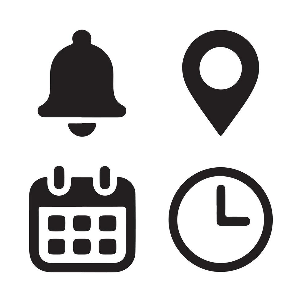 Location, time, calendar and notification bell icons set. Flat simple illustrations of pin, date, clock and bell. vector