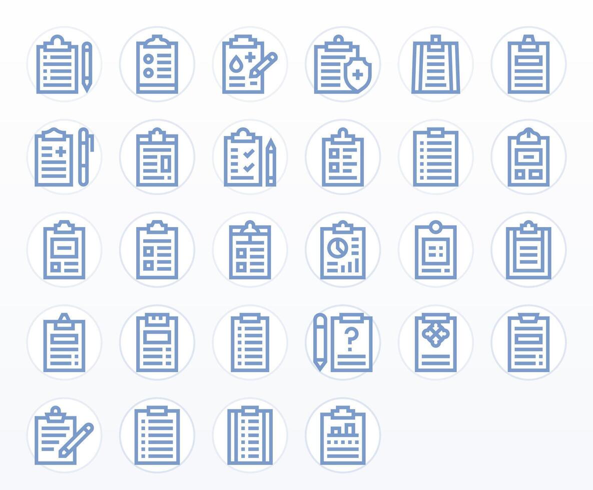 Clipboard Visual Pack containing 28 Bold Line Pixel Optimized Icons vector