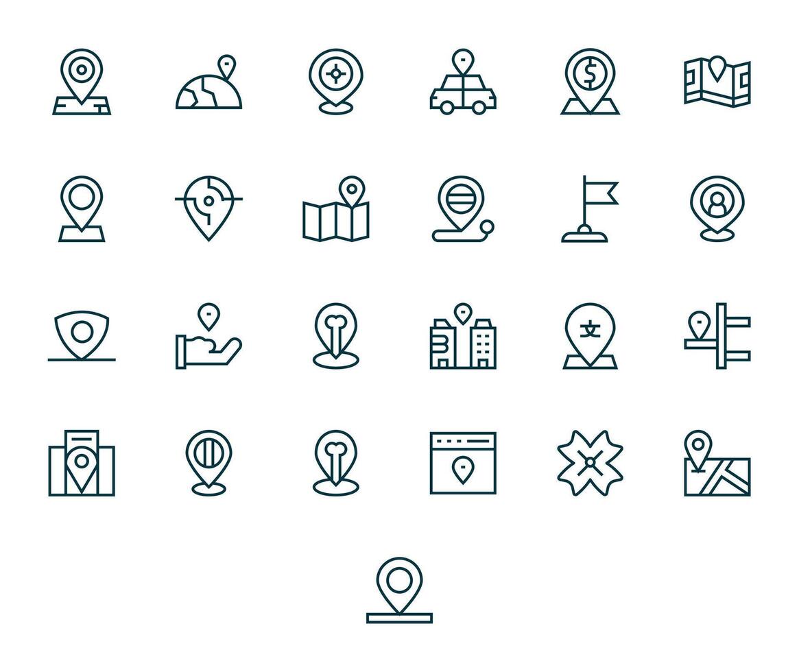Geotag Icon Set with 25 Regular Line Retina Ready Pixel Optimized Graphics vector