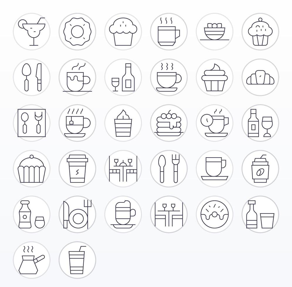 Cafe Icon Comprehensive Bundle with 32 Pixel Optimized Thin Line High Resolution Icons vector