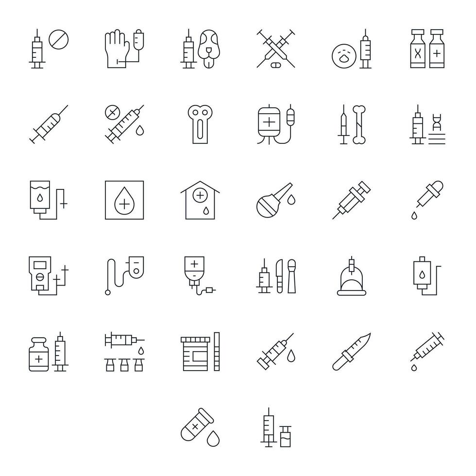 Injection Icon Collection featuring 32 Pixel Aligned High Resolution Thin Line Designs vector