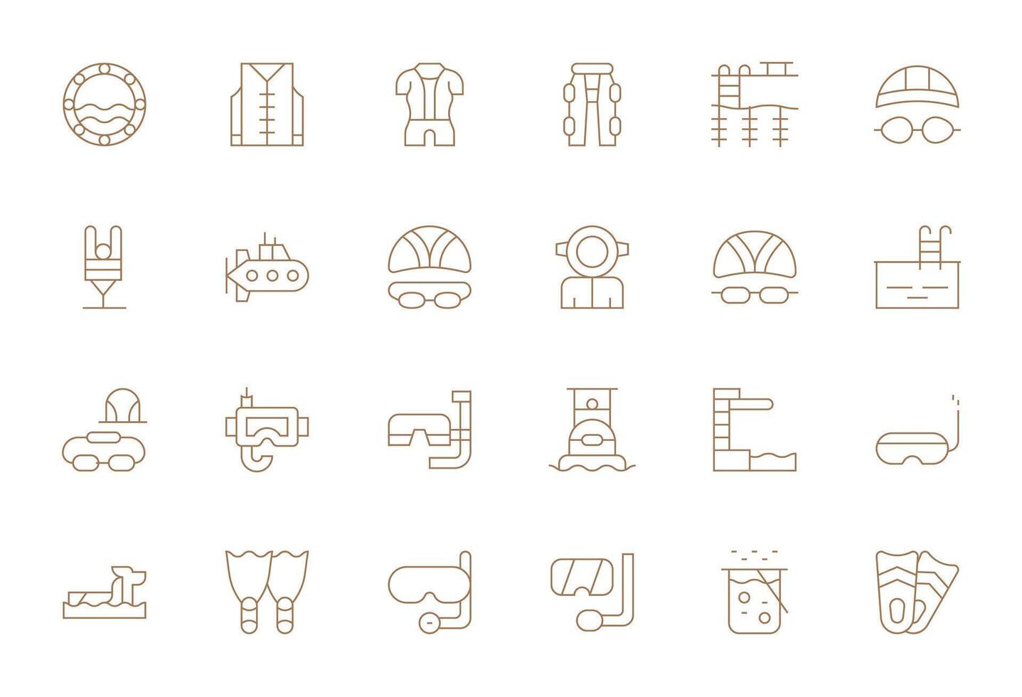 24 High Resolution Thin Line Icons for Diving with Grid Fitted precision vector