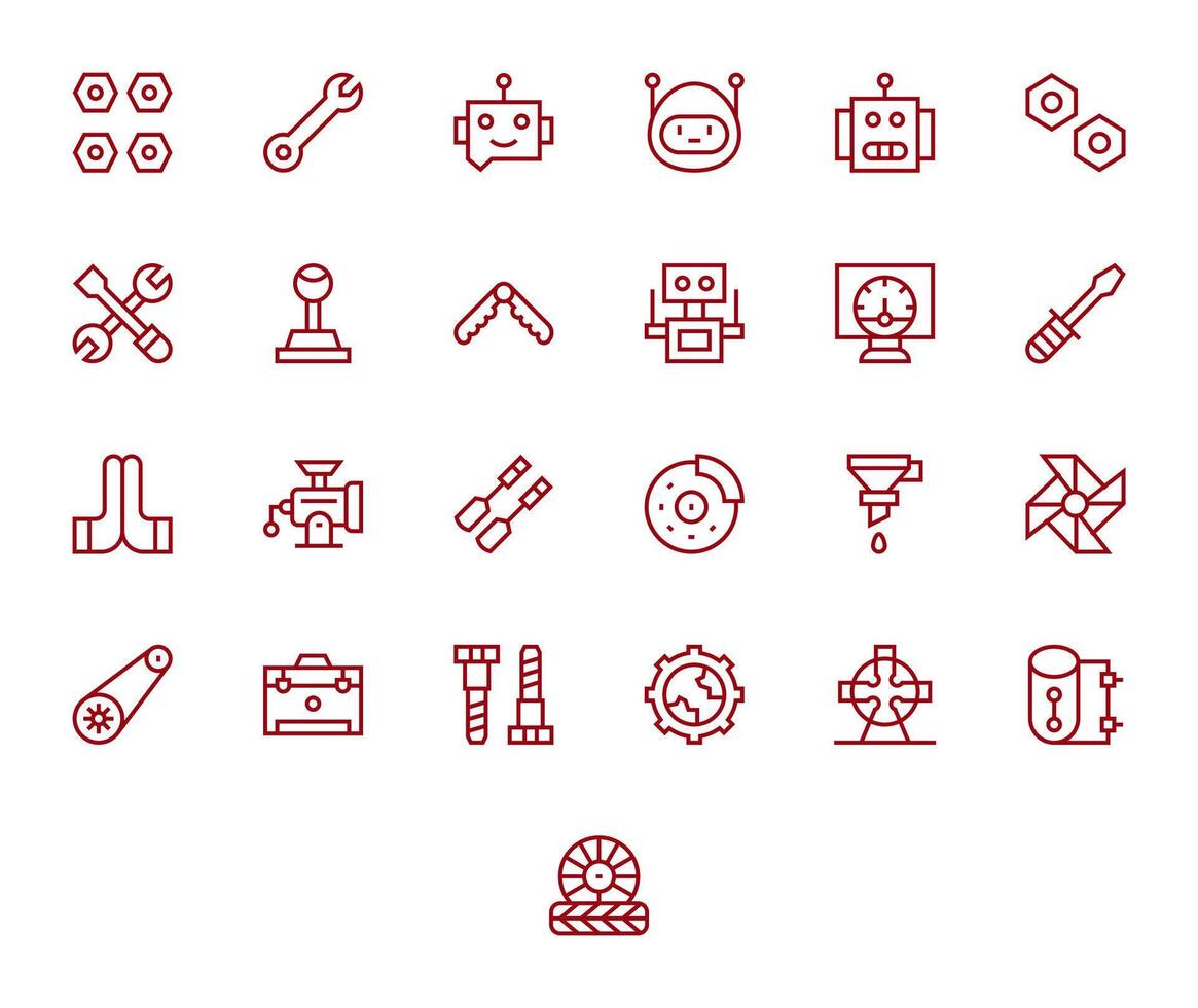 Mechanical Design Icons featuring 25 Grid Fitted Regular Line Style vector