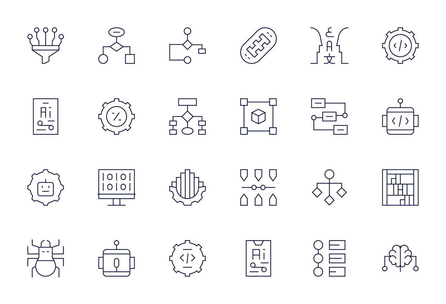 Algorithm including 24 64x64 Thin Line Illustrations vector