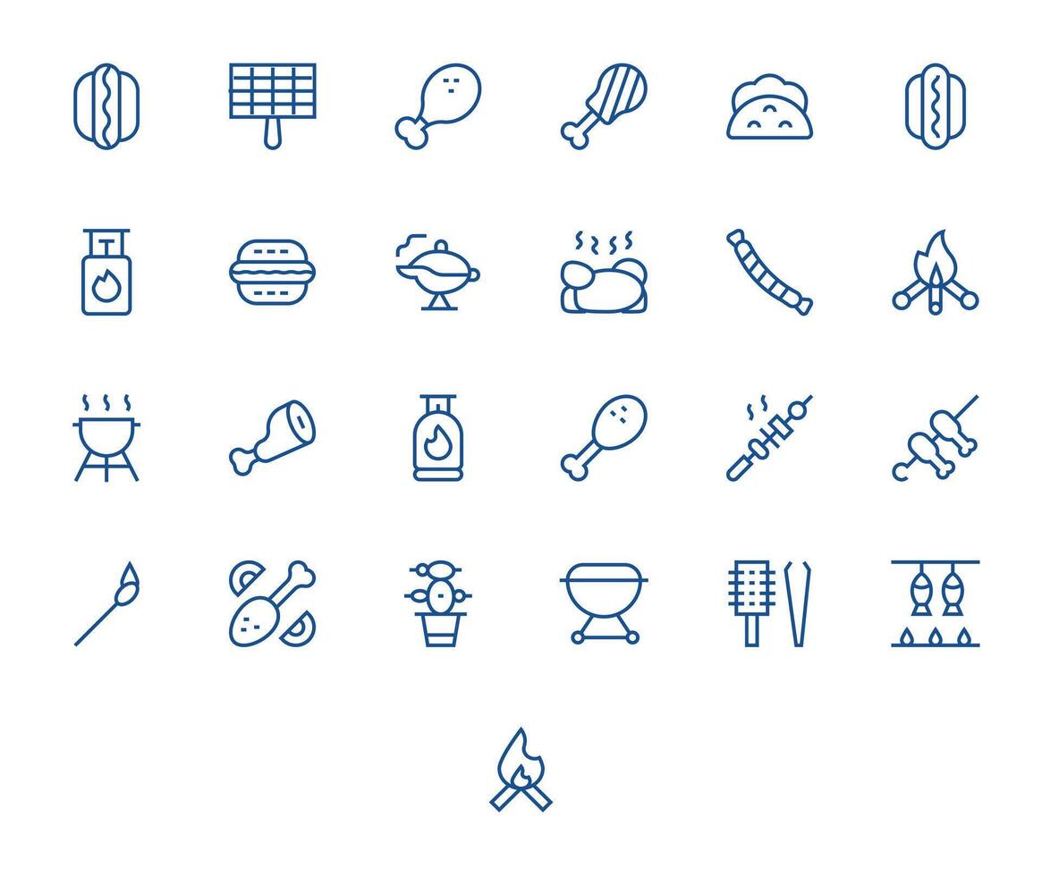 25 PIXEL Perfect Icons themed around Barbecue in 256x256 Regular Line format vector