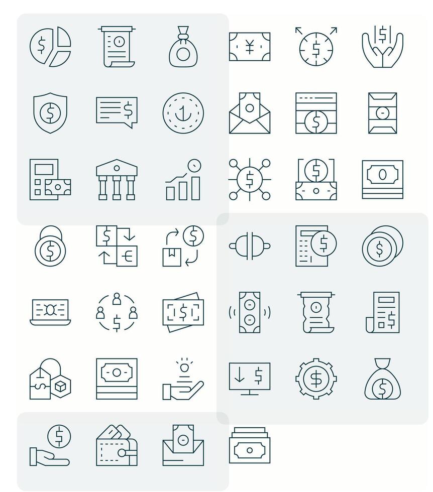 40 píxel optimizado íconos temática alrededor moneda en alto resolución Delgado línea formato vector