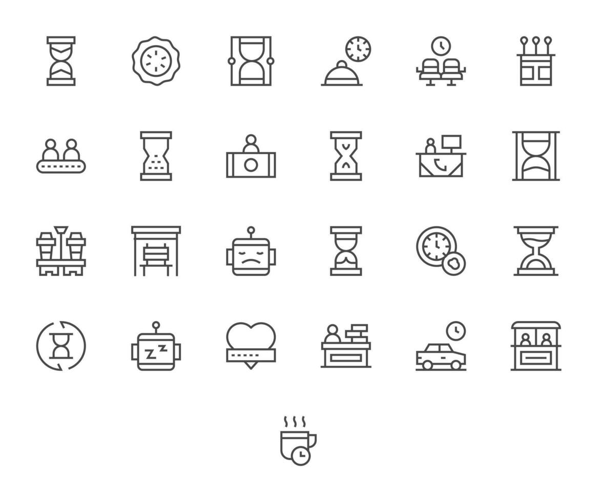 25 Pixel Optimized Icons themed around Waiting in Retina Ready Regular Line format vector