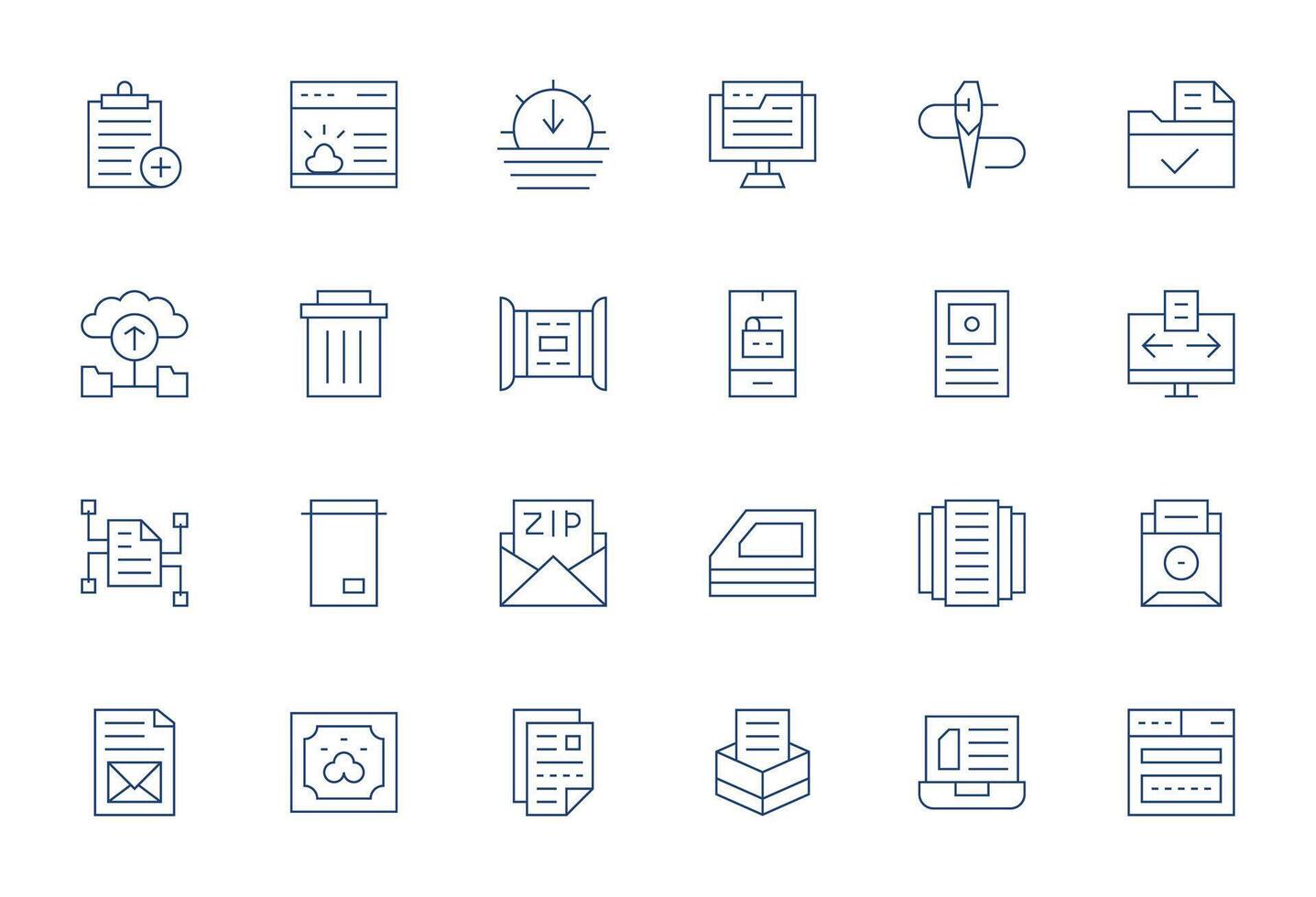 24 Pixel Optimized 64x64 Icons for File Management in elegant Thin Line design vector