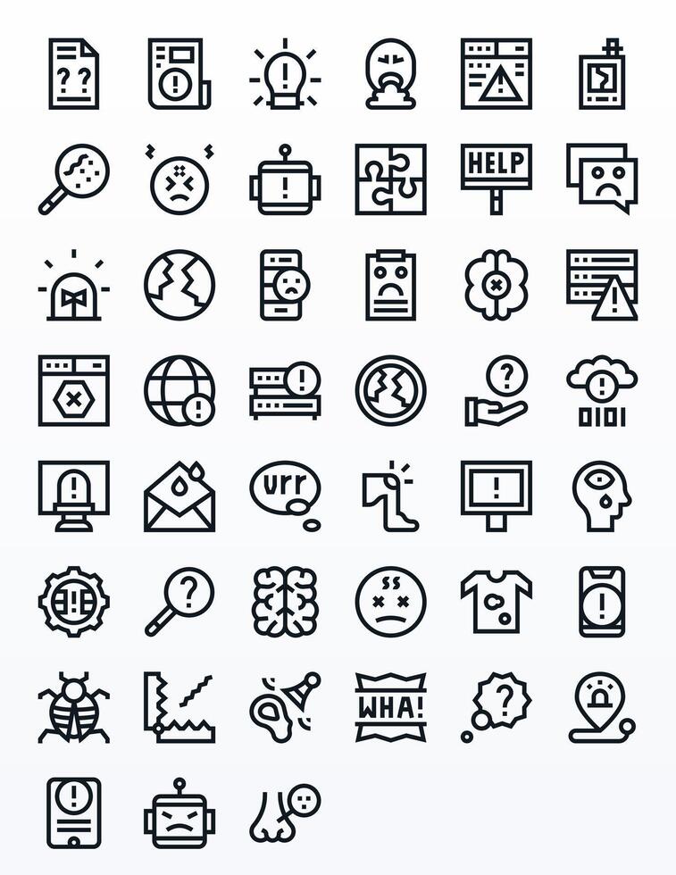 45 Icons inspired by Problem in Grid Fitted High Resolution Bold Line quality vector