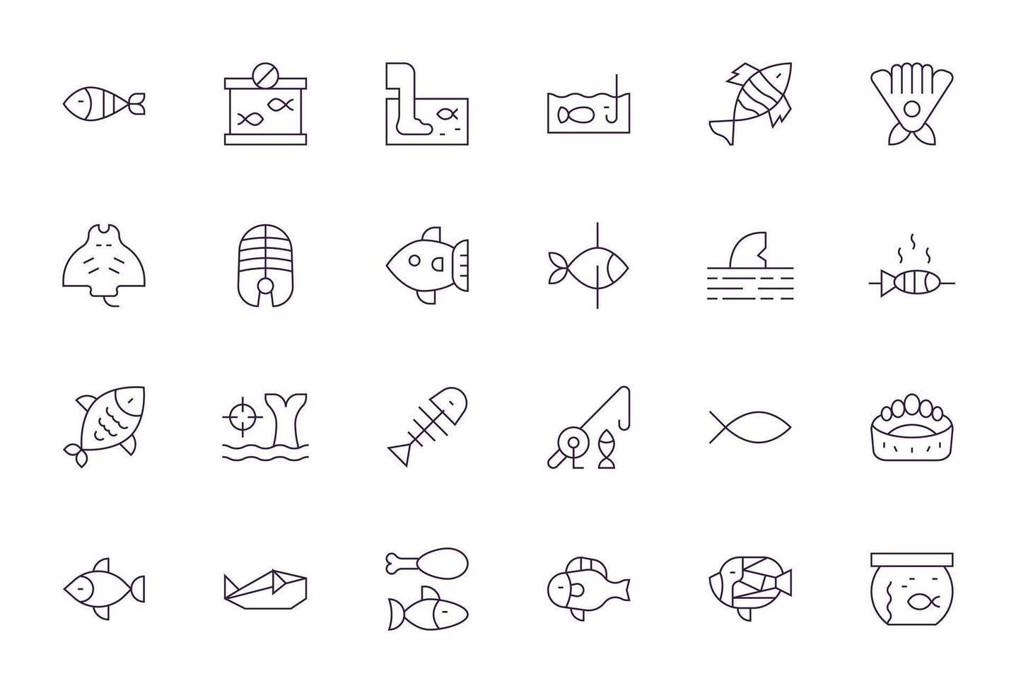 Fish Icon Library with 24 Thin Line 256x256 Pixel Optimized Designs vector