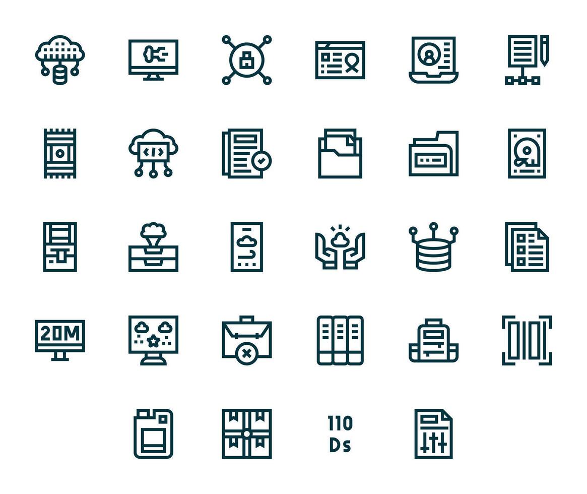28 alto resolución íconos para datos administración con píxel optimizado negrita línea claridad vector