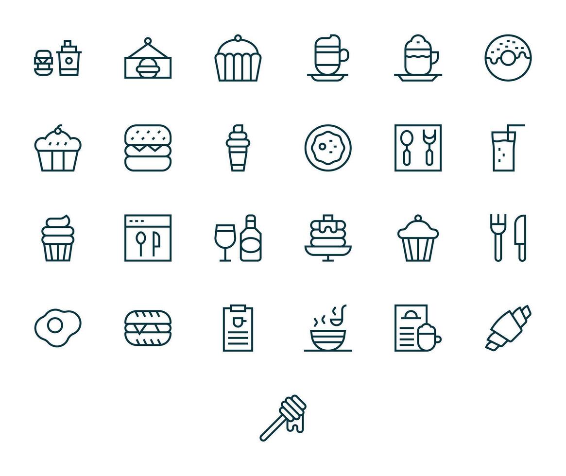 Cafe Menu Visual Pack containing 25 Regular Line PIXEL Perfect Icons vector