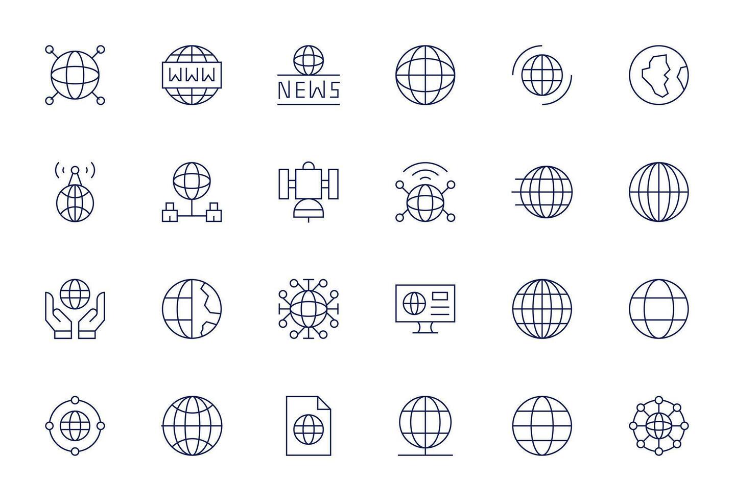 Global Communication Icon Collection featuring 24 Grid Fitted High Resolution Thin Line Designs vector