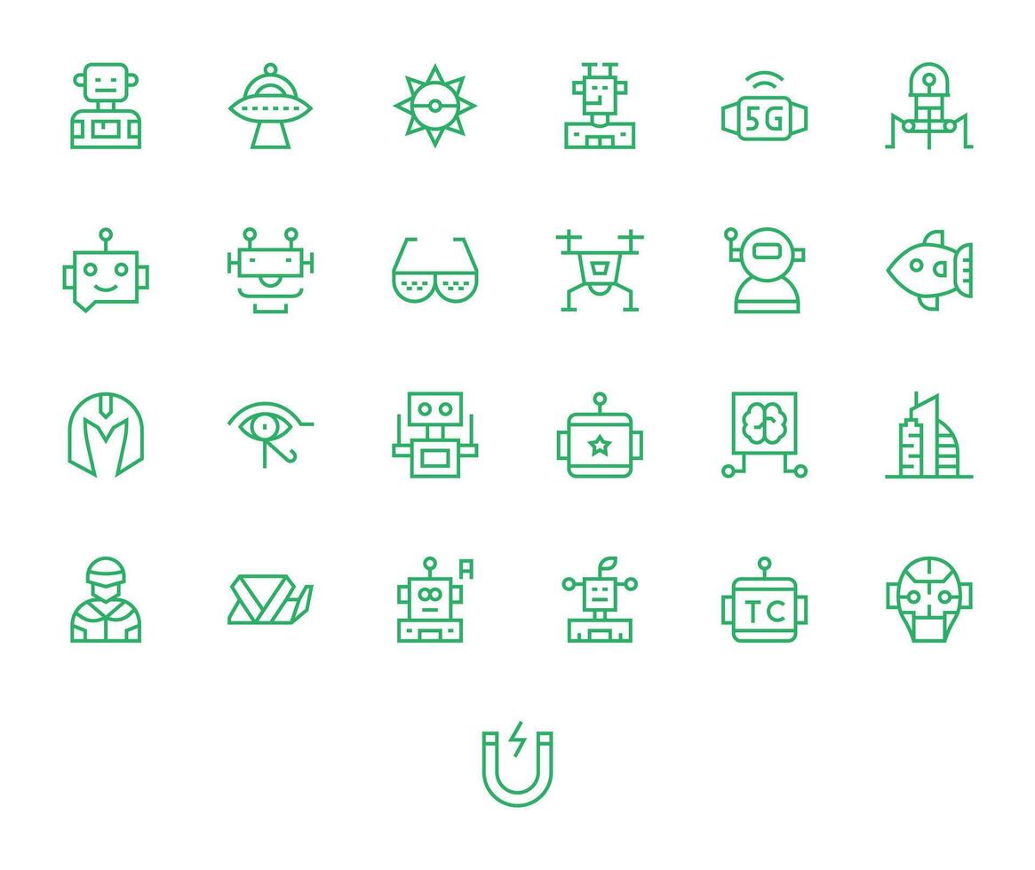 25 Pixel Aligned Icons themed around Futuristic in 128x128 Regular Line format vector