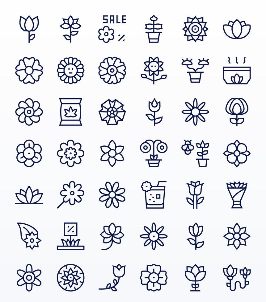 Flower Design Icons featuring 42 Pixel Optimized Regular Line Style vector