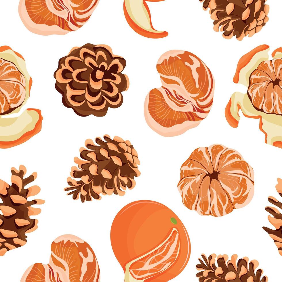 seamless pattern with ripe tangerines and pine cones of different sizes arranged randomly, for holiday packaging, textiles or other thematic design vector