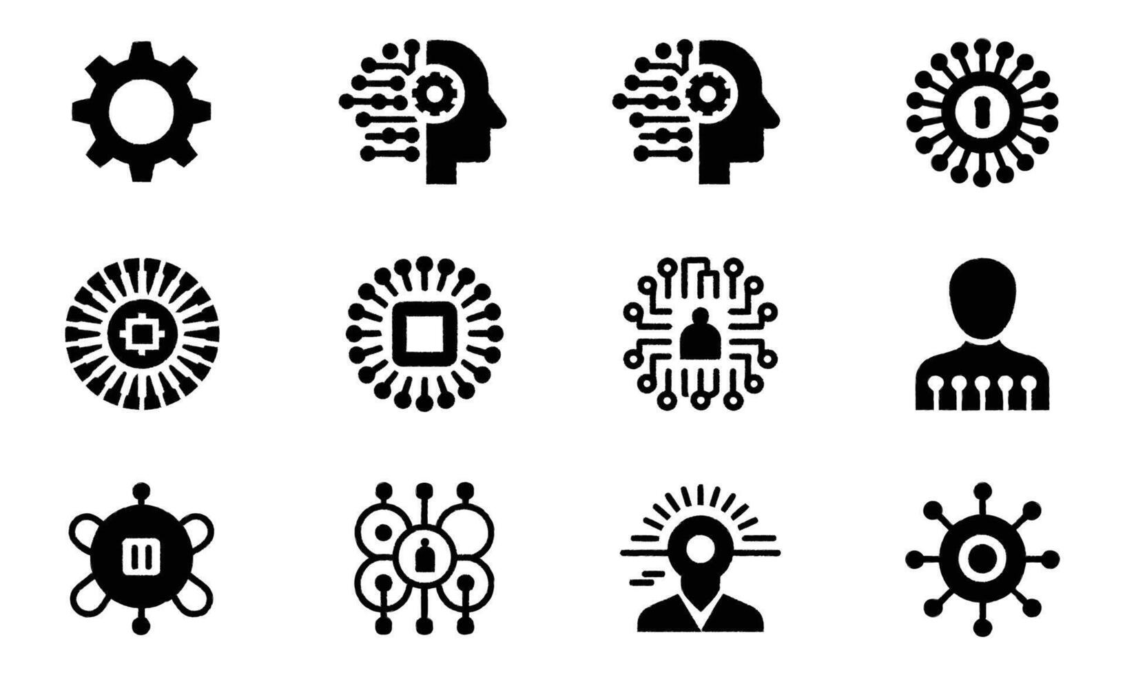 Black and white icons set representing artificial intelligence and technology vector