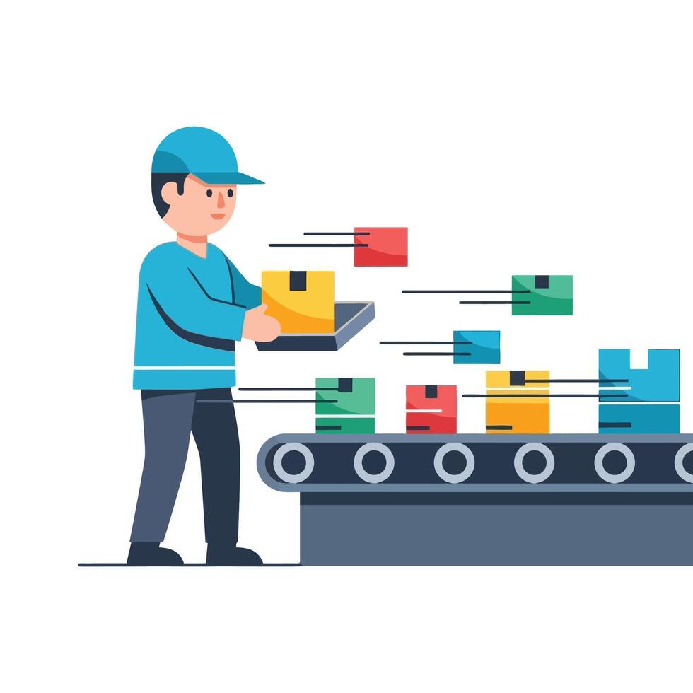 Efficient worker manages colorful boxes on conveyor belt in factory setting vector